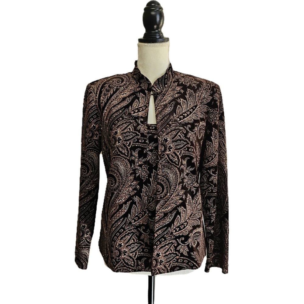 Coldwater Creek Brown Velvet Paisley Gold Glitter Open Blazer & Tank Set Size 8